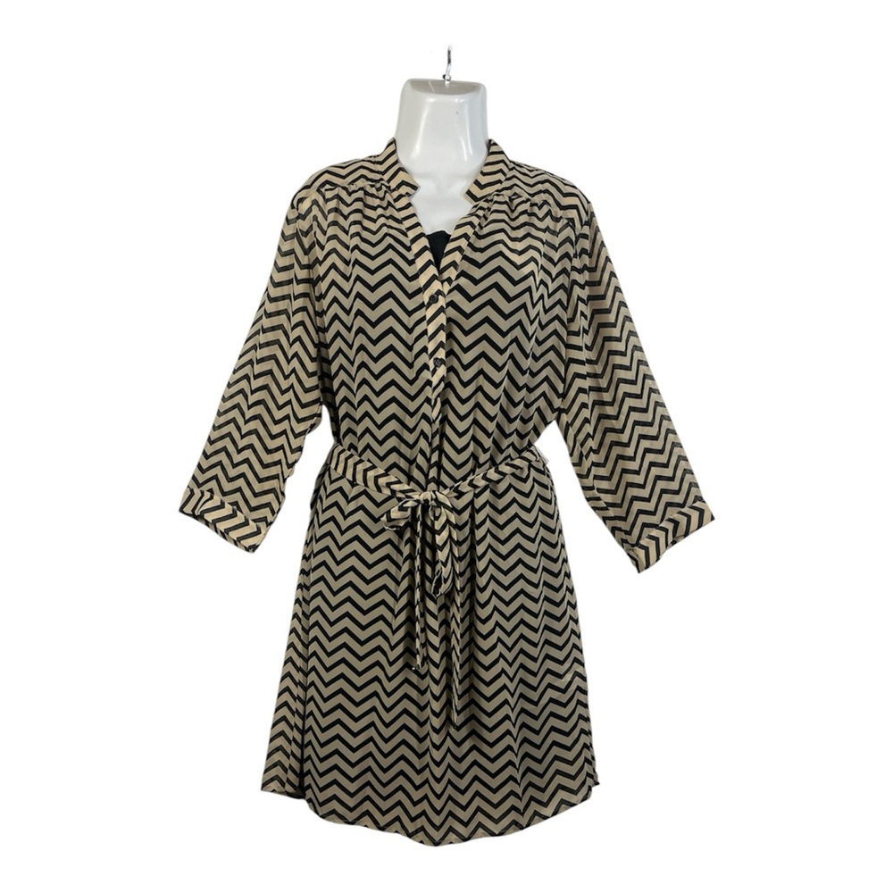 Tacera Chevron Shift Dress Large Black Tan Belted Long Sleeve Sheer Lined Office